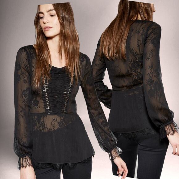 THE KOOPLES Sheer Lace Top Corset Ribbon Blouse Peplum Black Dark Romance Sexy - Picture 13 of 13